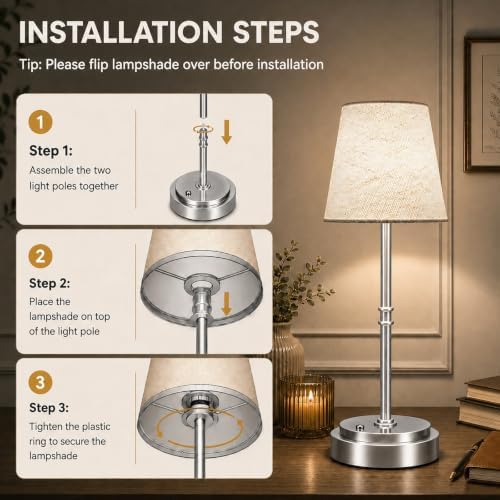 Rechargeable Cordless Table Lamp, Battery Operated Bedside Lamp, Silver - Image 6