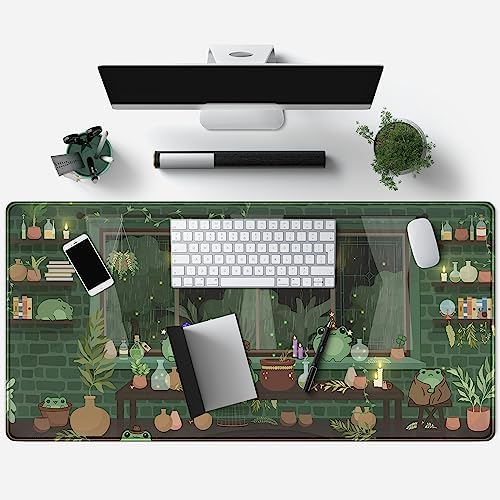 Mechanical Cattle Cute Desk Mat Kawaii Frog Mouse Pad Green Desk Anime Mat Large Gaming Mouse Pad Desk Computer Keyboard Pad Desk Home Office Accessories Girl Stitched Eges (31.5x15.7 in) WER236 - Image 3