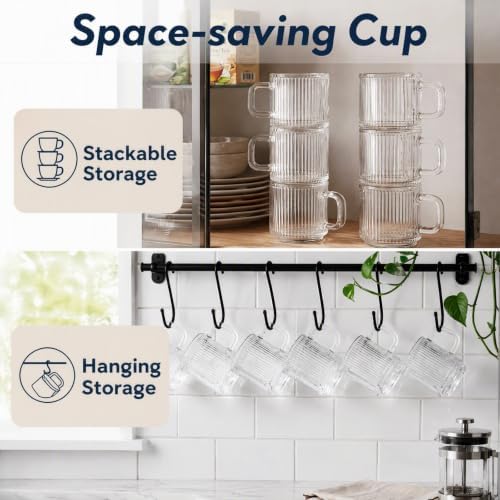 Noamus 6 Pack Premium Glass Coffee Mugs with Handle, 12 Oz Classic Vertical Stripes Glass Tea Cups, Transparent Ribbed Beverage Mugs, Clear Vintage Glassware Set for Hot Cold Americano, Cappuccino - Image 4