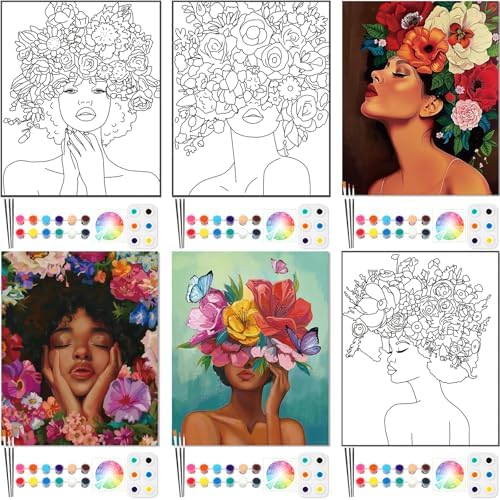 Ctosree 6 Pack Pre Drawn Canvas Painting Kit 8x10 Stretched, Gorgeous Lady by Ctosree