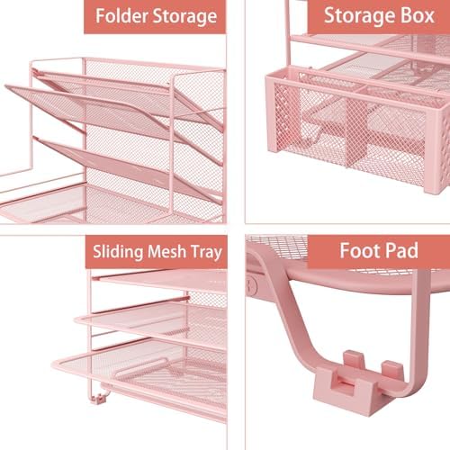 Simple Trending 7 Tier Desk File Organizer, Letter Tray Paper Organizer with Pen Holder and Metal Hanging Basket, Pink - Image 4