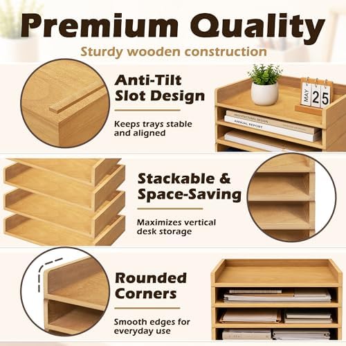 PROLEE 4 Pack Stackable Paper Tray, Wooden Paper Tray Organizer with Letter Tray, Paper Holder for Desk, Desktop File Storage Rack for Study, Home and Office (Oak) - Image 4