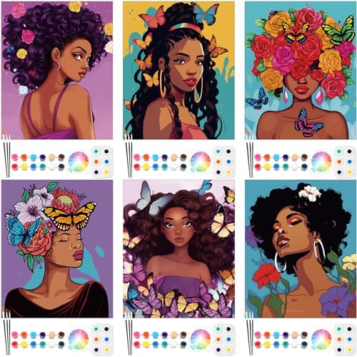 Dinifee 6 Pack Pre Drawn Canvas for Painting Pre Printed Canvas Kit 8 x 10 Inch Stretched Cotton Paint and Sip Set for Adults Couple Party Graduation Summer Date Night(Flower Lady) by Dinifee