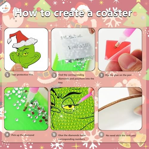 8 Pcs Christmas Diamond Art Painting Coasters Kits DIY Cartoon Diamond Art Painting Coaster Xmas Green Coasters with Holder Diamond Craft Painting Kits Supplies for Holiday Gift - Image 3