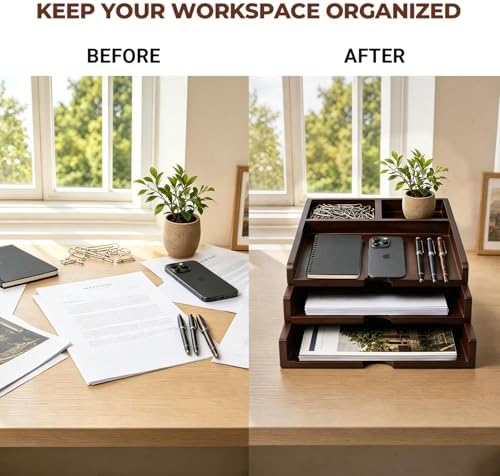 Solid Wood Desk Organizer 3-Tier Stackable Letter Tray Walnut Mail Sorter - Image 6