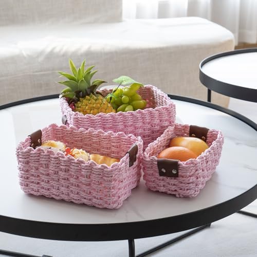 Woven Paper Rope Wicker Basket for Organizing(Set of 3,Pink) - Image 2