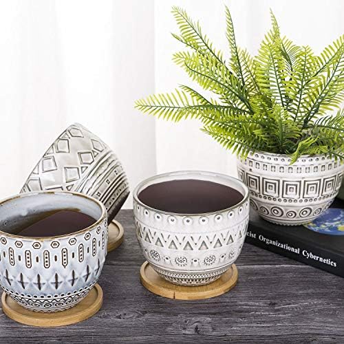 VanEnjoy 5.6 inch Large Round Bohemian Style Ceramic Planter, Geometry Engrave Off White Brown Succulent Planter Flower Pot, Indoor Outdoor Decorative Planter - Image 7