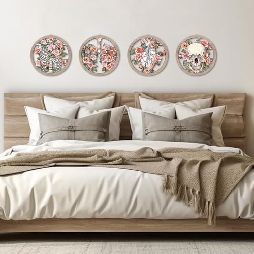 HPNIUB Medical Human Anatomy Wall Decor, Farmhouse Medical Anatomical Hanging Wooden Wall Art, 4 Pieces 9.84''x9.84'' Pink Floral Heart Skull Anatomy Wood Sign for Nursing Doctor Room Living Room - Image 4