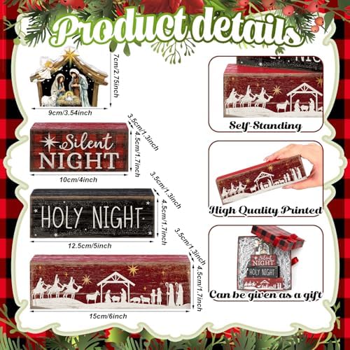 Moucuny 4 Pcs Christmas Table Decor, Wooden Nativity Scene Holy Night Signs - Image 4