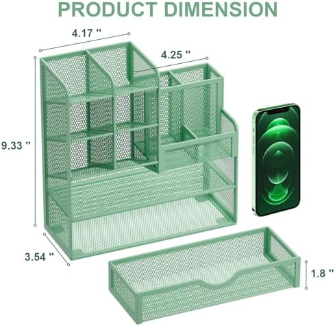 Marbrasse Mesh Pen Holder for Desk, Multi-Functional Pencil Organizer with Drawer, Desk Organizers and Accessories for Office Art Supplies (Green) - Image 5