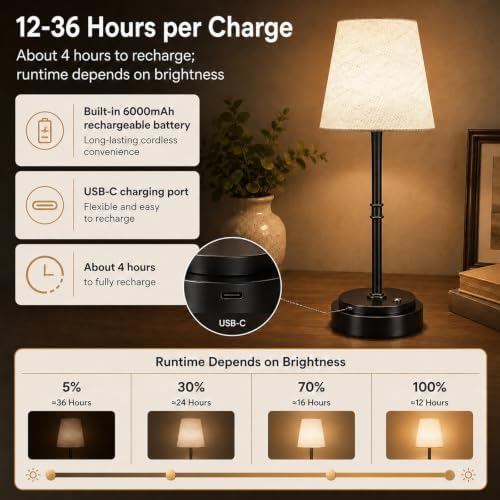 Rechargeable Cordless Table Lamp, Battery Operated Bedside Lamp, Black - Image 4