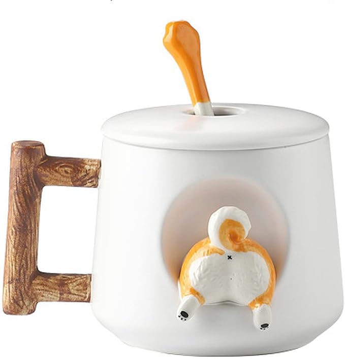 Cute Dog Couple Cup, Ceramic Coffee Mug with a Lid, Paws on the Top of the Spoon, Cute Shiba Lnu Three-dimensional Design, with Matte Texture,(420ML White Tail)