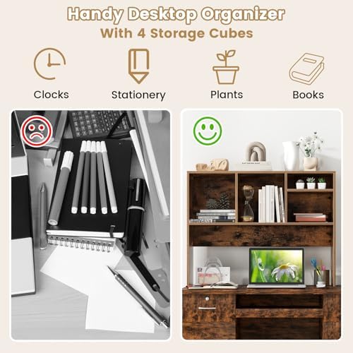 Giantex Desktop Bookshelf, Countertop Storage Hutch with 4 Shelves for Computer Desk, Dressing Tabletop Display Rack, Multipurpose Desk Hutch Storage Organizer for Home Office Dorm (Rustic Brown) - Image 4