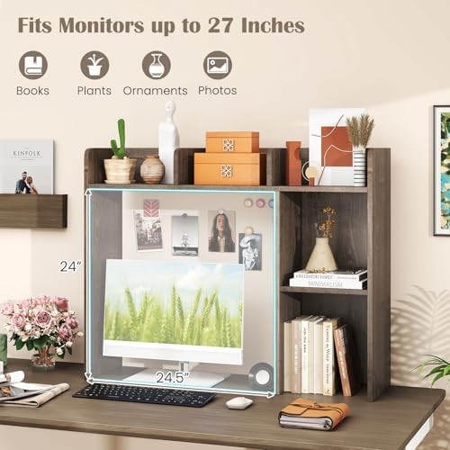 GIANTEX Desktop Bookshelf, Wood Desk Hutch Organizer for 27 Inch Computer Monitor, Countertop Storage Display Rack with 5 Shelves, Multipurpose Desktop Shelf Bookcase for Dorm Office Home (Grey Oak) - Image 4