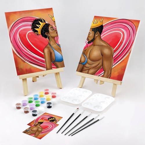 Paint and Sip Kit for Adults Date Night Painting for Couples Pre Drawn Canvas to Paint Art Party Set Afro Couple 2 Pack Valentine King and Queen 8 x10 in - Image 2