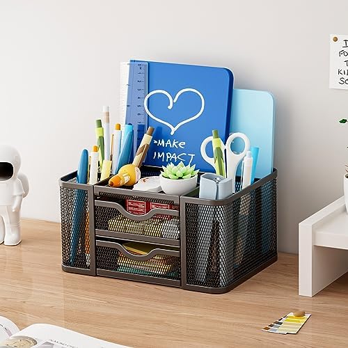 Marbrasse Mesh Desk Organizer, Pen Organizer with 2 Drawer, Multi-Functional Pencil Holder, Desk Organizers and Accessories with 5 Compartments + Drawer for Office Art Supplies (Black) - Image 5
