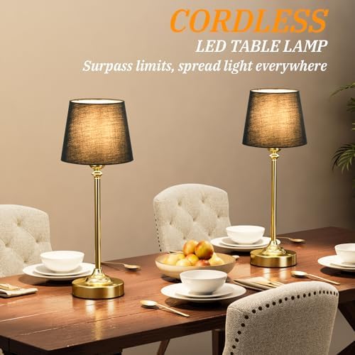 Kakanuo Cordless Table Lamps Rechargeable Set - 2 Pack Brass 4000mAH Battery Operated Lamps for Decor, 3000K Stepless Dimming Touch Wireless Lamp for Bedroom, Dining Table, Living Room, Black Shade - Image 4