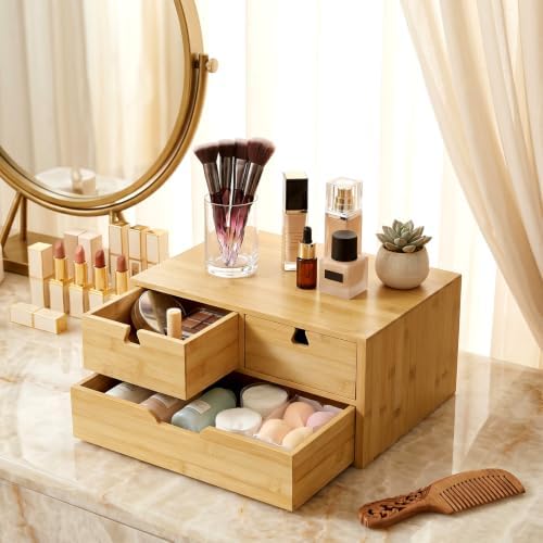 DEAYOU Bamboo Desk Organizer, 100% Natural Bamboo Desktop Drawer Organizer, Tabletop Storage Cabinet Organization Box with 3 Drawers for Home Office Supplies, Makeup, Letter, 2-Layer, Fully Assembled - Image 7