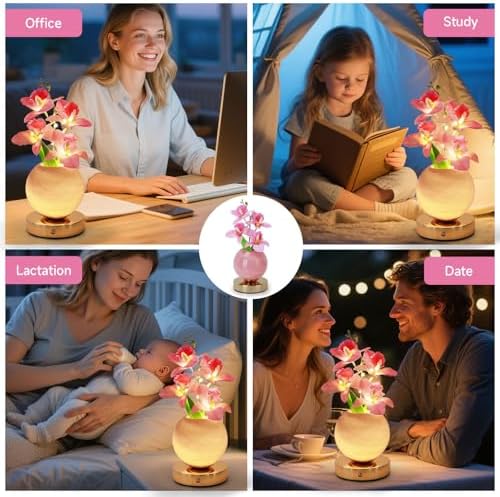 Flower Table Lamp, 3 Colors Orchid Night Light, Cordless Touch Dimming Artificial Flower with Vase Lamp, LED Bedside Night Light Romantic Gifts for Girl Women Mom (Pink Orchid) - Image 6