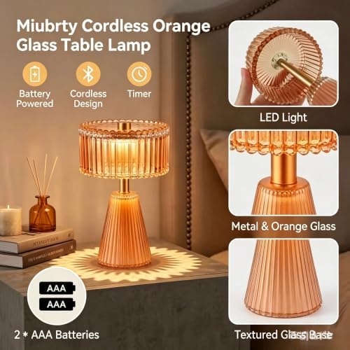 Cordless Glass Table Lamp - Small Battery Operated Lamp with 6H Timer, Vintage Fluted LED Battery Powered Lamps, Amber Glam Accent Nightstand Light for Bedroom, Bathroom, Patio (Amber+Small - Image 3