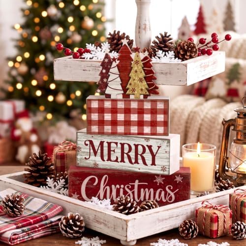 Moucuny 4 Pcs Christmas Table Decor Rustic Merry Wooden Christmas Tree Sign - Image 2