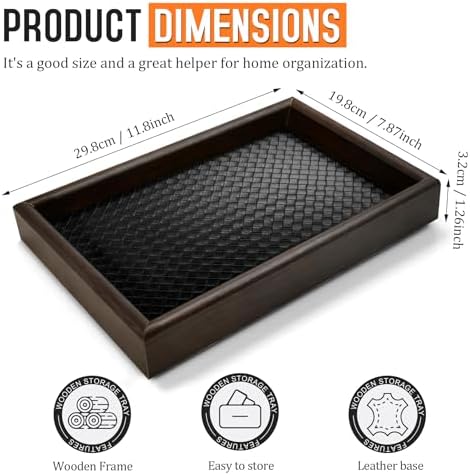Wooden Valet Tray Desk Organizer with Leather Base,Nightstand, Entryway Bedside Dump Holder for Wallets, Keys, Watches, Jewelry & Sunglasses - Image 3