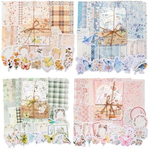 LIGHOON 400 Pcs Vintage Floral Scrapbook Paper, Floral Journaling Stickers Kit, 4 Pack Junk Journal Supplies for Bullet Journaling DIY Retro Crafts Planner Card Notebook Album by LIGHOON