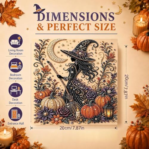 LAPUOTSP Halloween Ghost Pearl Art DIY Kit，Vintage Bead Embroidery Style Witch & Black Cat Ghost Pumpkin Rhinestone Canvas Art, DIY Gem Art Wall Hanging Decor, Unique Holiday Handcraft Gift - Image 2