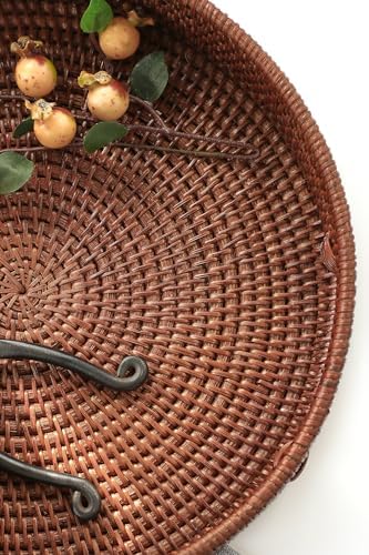 HITOMEN Hand-Woven Round Rattan Serving Tray Decorative Ottoman Wicker Platter with Handles for Coffee Table, Breakfast, Drinks, Snack, Bread, Fruit, Vegetables (Brown Set of 2: M+L) - Image 3