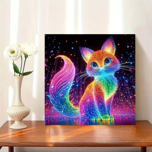 OJTOYART Fluorescence Cat Diamond Art Painting Kits for Adults, 5D Animals Round Full Drill Diamond Painting, DIY Round Full Drill Dots Painting with Gem Art Craft for Home Wall Decor 12 x 16 Inch - Image 3