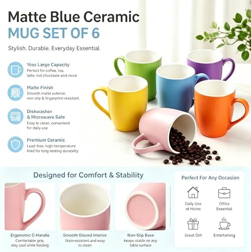 6-Piece 12oz Ceramic Coffee Mugs with Handles, Microwave & Dishwasher Safe, Ideal for Latte, Cappuccino and Hot Tea (Multi-Color) - Image 2