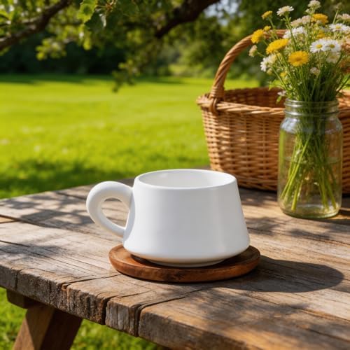 Set of 1 Ceramic Tea White Cup and Wood Saucer - 7 oz Tea Mug - Wide Cappuccino Cup, Coffee Cups for Cappuccino, Latte, Espresso, Americano - Image 7