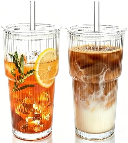 2PCS 20oz Glass Cups with Lids and Straws, Iced Coffee Cups with Lids, Stylish Ribbed Thick Drinking Glasses Tumbler for Juice, Smoothies, Cold Beverages, Cute Cup Gifts with Clean Brush by WelcomeToColnic