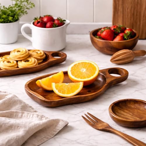 Solid Teak Wood Serving Tray - 12.2" Handcrafted Curved Platter with Handle for Entryway Key Catchall, Kitchen Coffee Station & Party - Image 2