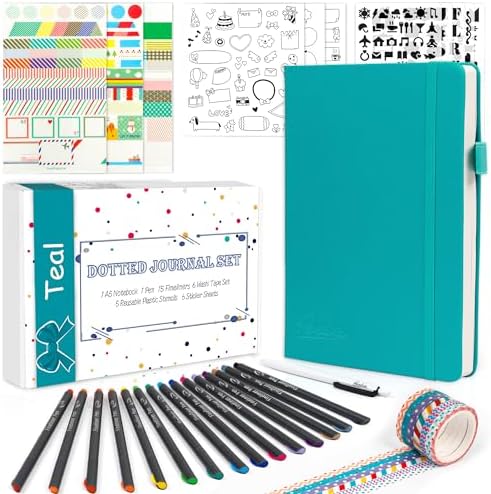 feela Dotted Journal Kit, Dot Grid Journal Hardcover Planner Notebook Set For Beginners Women Girls Note Taking with Journaling Supplies Stencils Stickers Pens Accessories, A5, 224 Pages, Teal by feela