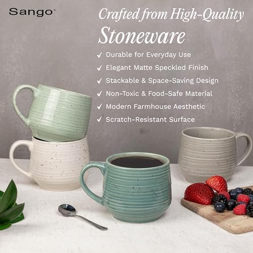 Sango Siterra Artist's Blend 17 oz. Stoneware Mug Set- Service for 4, Rustic Design, Green/White/Beige, Scratch-Resistant, Microwave & Dishwasher Safe, for Everyday Dining & Entertainment - Image 4