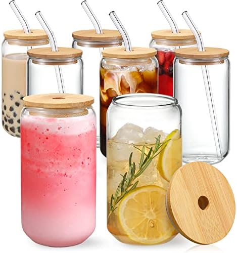 NETANY [ 8pcs Set ] Drinking Glasses with Bamboo Lids and Glass Straw - 16oz Glass Cups, Beer Glasses, Iced Coffee Glasses, Cute Tea Cup, Ideal for Cocktail, Whiskey, Gift - 2 Cleaning Brushes by NETANY
