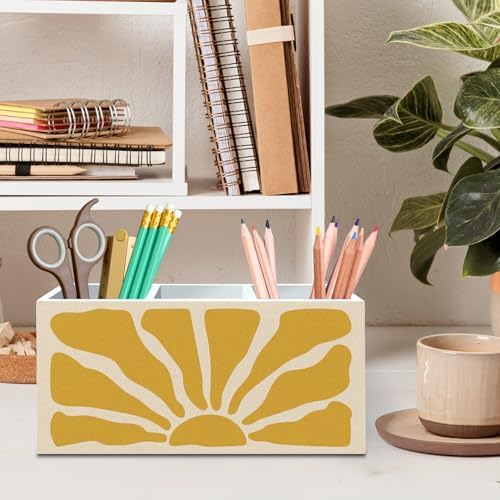 DILSJ Boho Abstract Sunshine Pen Pencil Holder Organizer for Desk, Boho Office Decor, Groovy Retro Abstract Sunshine Wooden Box Signs for Home Office Desk Tabletop Decoration - Image 2
