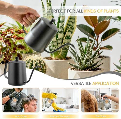 Watering Can Indoor Plants, 20 oz Metal Mini Indoor Watering Can with Long Spout for Houseplants, 13.5 oz Glass Plant Mister Spray Bottle for Bonsai Garden Flower Seedlings (Black/Grey) - Image 4