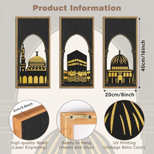 KAIRNE Eid al-Fitr Wooden Wall Art,3pcs 8”X16” Islamic Festival Decorations,Muslim Home Hanging Decor,Framed Mosque Wall Sculptures,Eid Ramadan Kareem Decoration,Rustic Religious Artwork Gift for Friend Family Living Room Bedroom Decor - Image 2