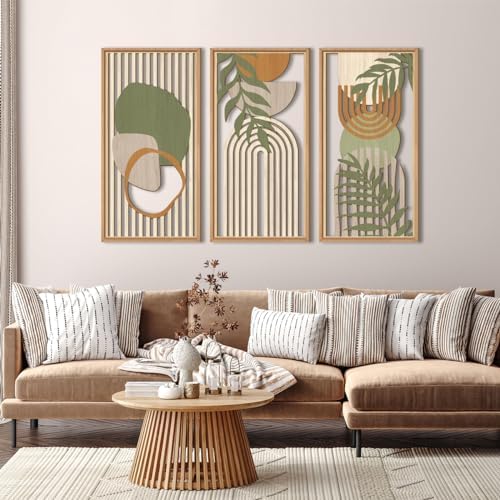 IARTTOP Large Boho Mid-Century Modern Wood Wall Art 16x32 Inch Framed Green Abstract Leaf Wooden Wall Decor Bohemian Minimalist Geometric Wall Art Decor for Bedroom Living Room Office Set of 3 - Image 2