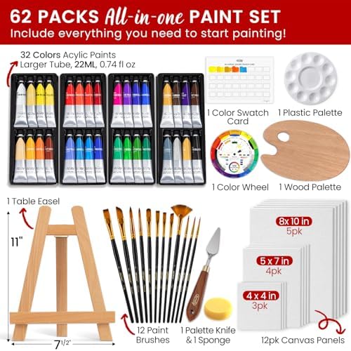ARTALLY Acrylic Paint Set for Adults & Kids, 62 Pcs Canvas Painting Kits, 32 Colors Acrylic Paint (22ML),Table Easel,Brushes,Canvas, Art Painting Supplies Kit for Students,Artists,Beginners - Image 2
