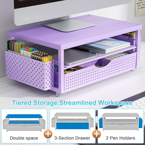 gianotter Desk Organizers and Accessories, Monitor Stand with Drawer and 2 Pen Holder, Desktop Organizer Suitable for Offices and Dormitories (Matte Purple) - Image 3