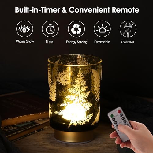 Eywamage Battery Operated Glass Table Lamp, Boho Green Ferns Leaves Mood Light with Remote, Cordless Bedside Accent Lamp Room Decor - Image 6