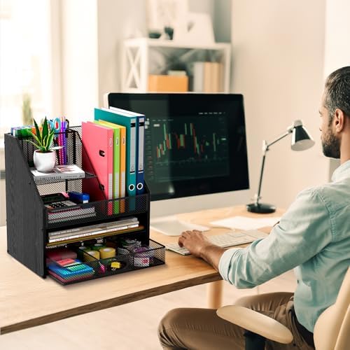 Homsorout Wooden Desk Organizer - Mesh File Organizer with Drawers and Pen Holder - 4-Tier Vertical Paper Letter Storage Tray, Desktop Organizers and Accessories for Home Office (Black - Image 3
