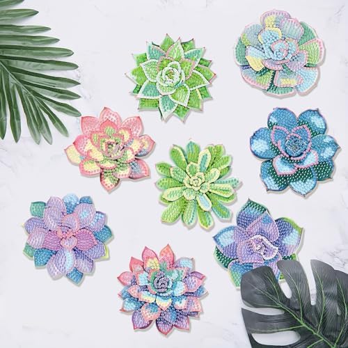 Clendo 8 Pcs Succulent Diamond Art Coasters Kit - DIY 5D Small Diamond Painting Coasters with Holder, Mini Diamonds Arts Kits for Adults Coaster, Gem Art Arts and Crafts for Adults - Image 2