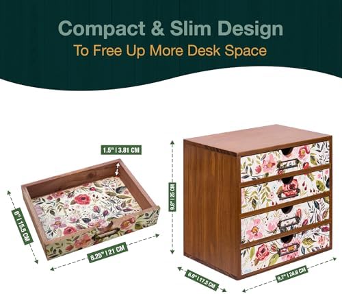 4-Drawer Vintage Desk Wood Storage Box With Drawers in Floral Chintz - Wooden Table Organizer I End Clutter & Dullness, Personalize Your Workspace - Beautiful Flower Design for Office & Home - Image 2