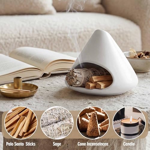 Ceramic Palo Santo Holder Incense Burner with Chimney, White - Image 3