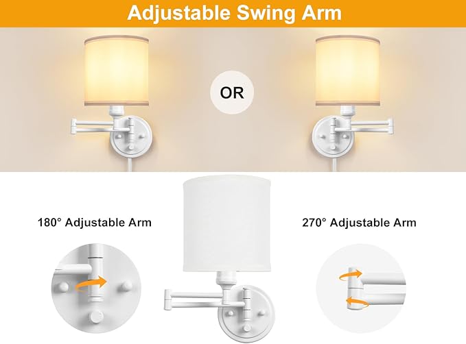 Plug in Wall Sconces with Remote Control, Dimming, Adjustable Colors 2700K-6500K, Hardwire or Plug-in, Swing Arm Wall Lamp, Wall Sconces Set of Two, White Fabric Shade, White Finish