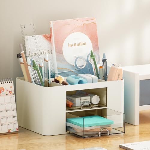 Marbrasse Pen Organizer with 2 Drawer, Multi-Functional Pencil Holder for Desk, Desk Organizers and Accessories with 5 Compartments + Drawer for Office Art Supplies (Beige) - Image 3